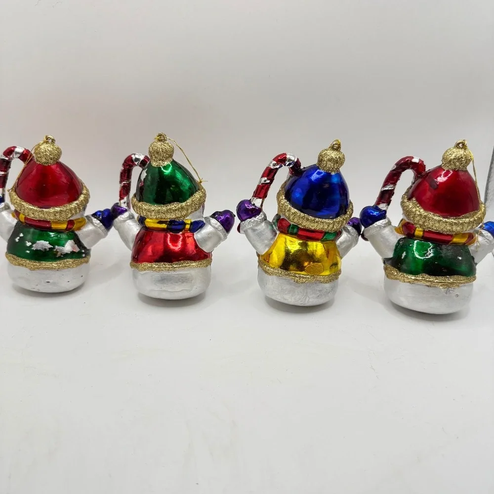 4 Snowman Christmas Ornament Hand-Painted Glitter Candy Cane‎ Retro Holiday